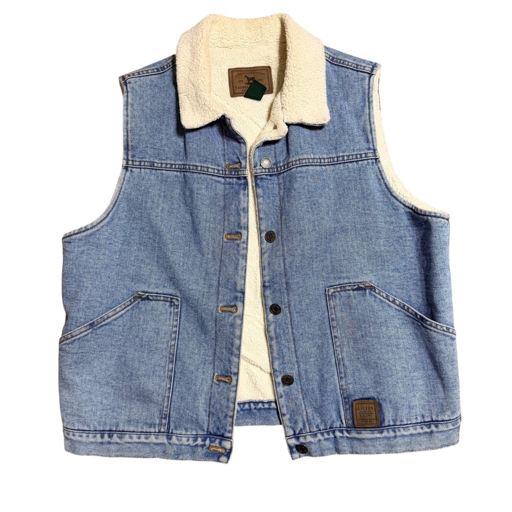 Lauren Ralph Lauren Denim Vest Sherpa Lined Light Wash Blue Mens Large L RL 1967